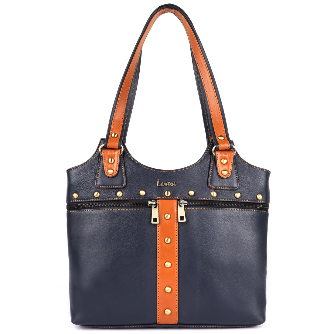 Blue and tan women’s handbag