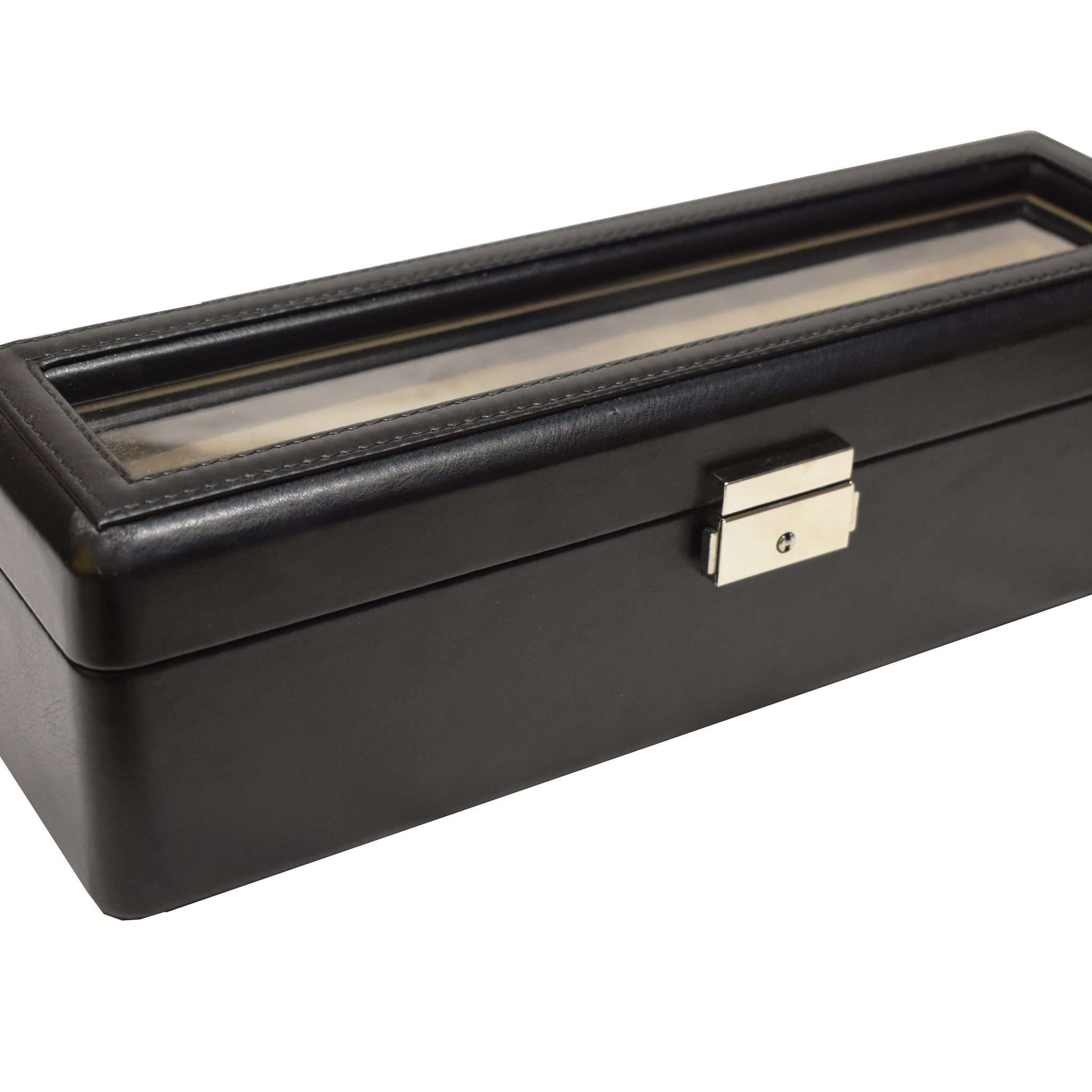 Leather 4 Watch Box with Ring and Cufflink Box with Transparent in Black