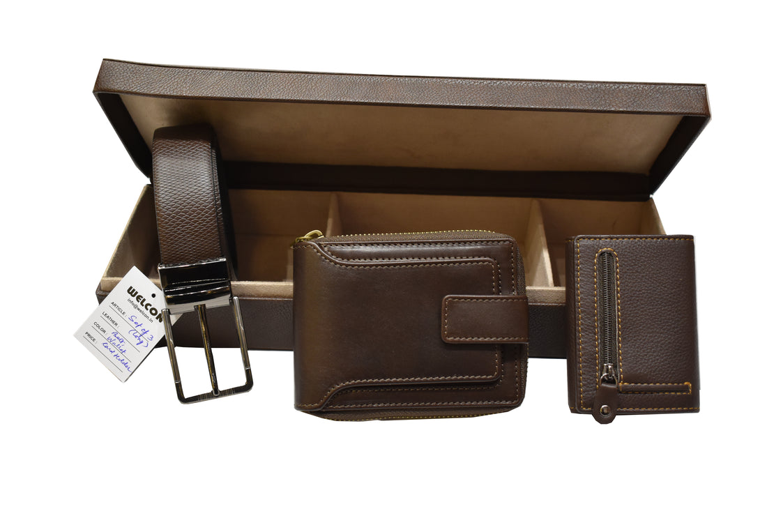 Leather Gift Combo Set For Men in Brown , Wallet , Reversal belt and Card Holder